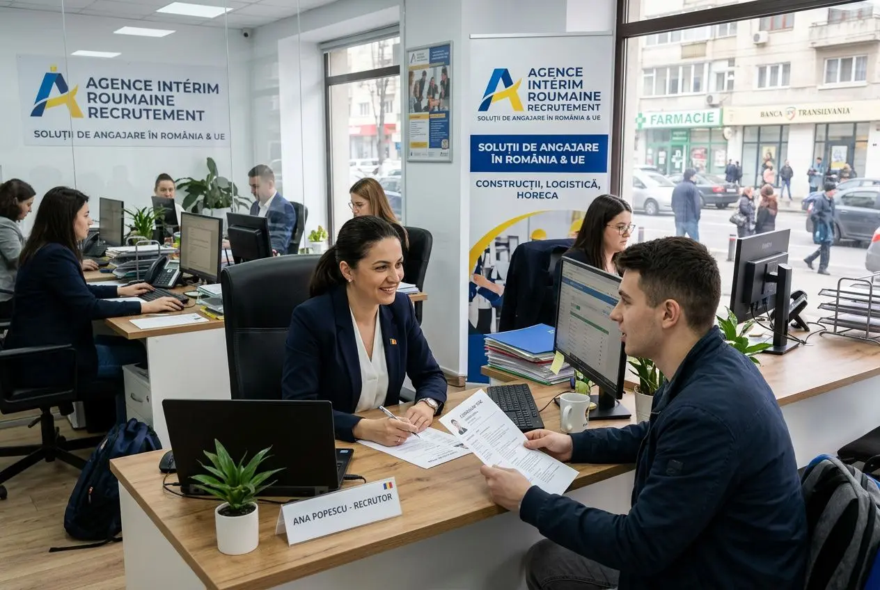 Agence intérim roumaine France: agents accueillant un client dans une agence, affiches et bureaux dédiés, ambiance professionnelle.