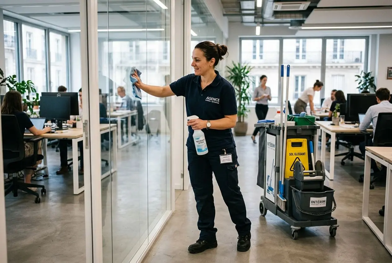 Agent de nettoyage effectuant son travail en mission intérim