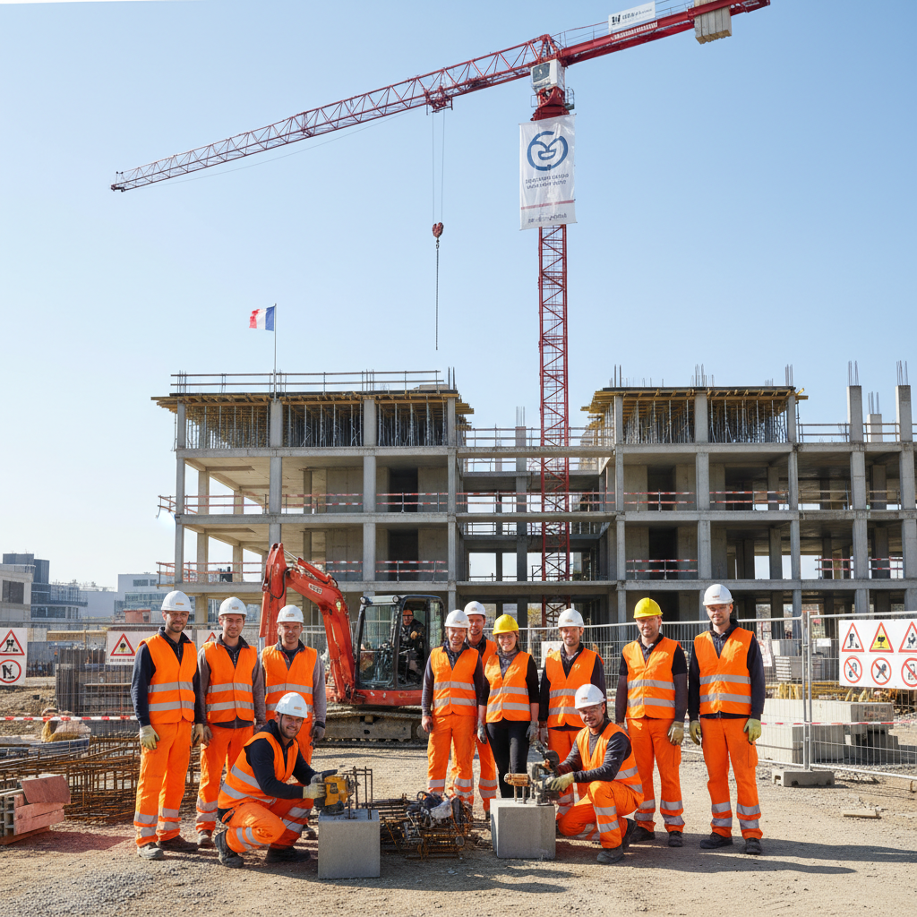 Travailleurs roumains et français collaborent sur un chantier en France.