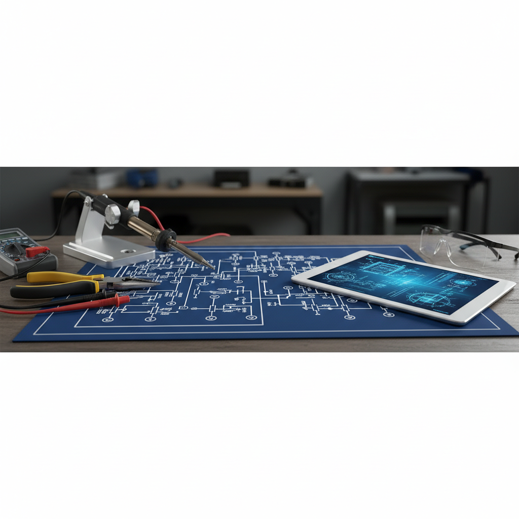 Schéma électrique avec outils professionnels et tablette numérique.