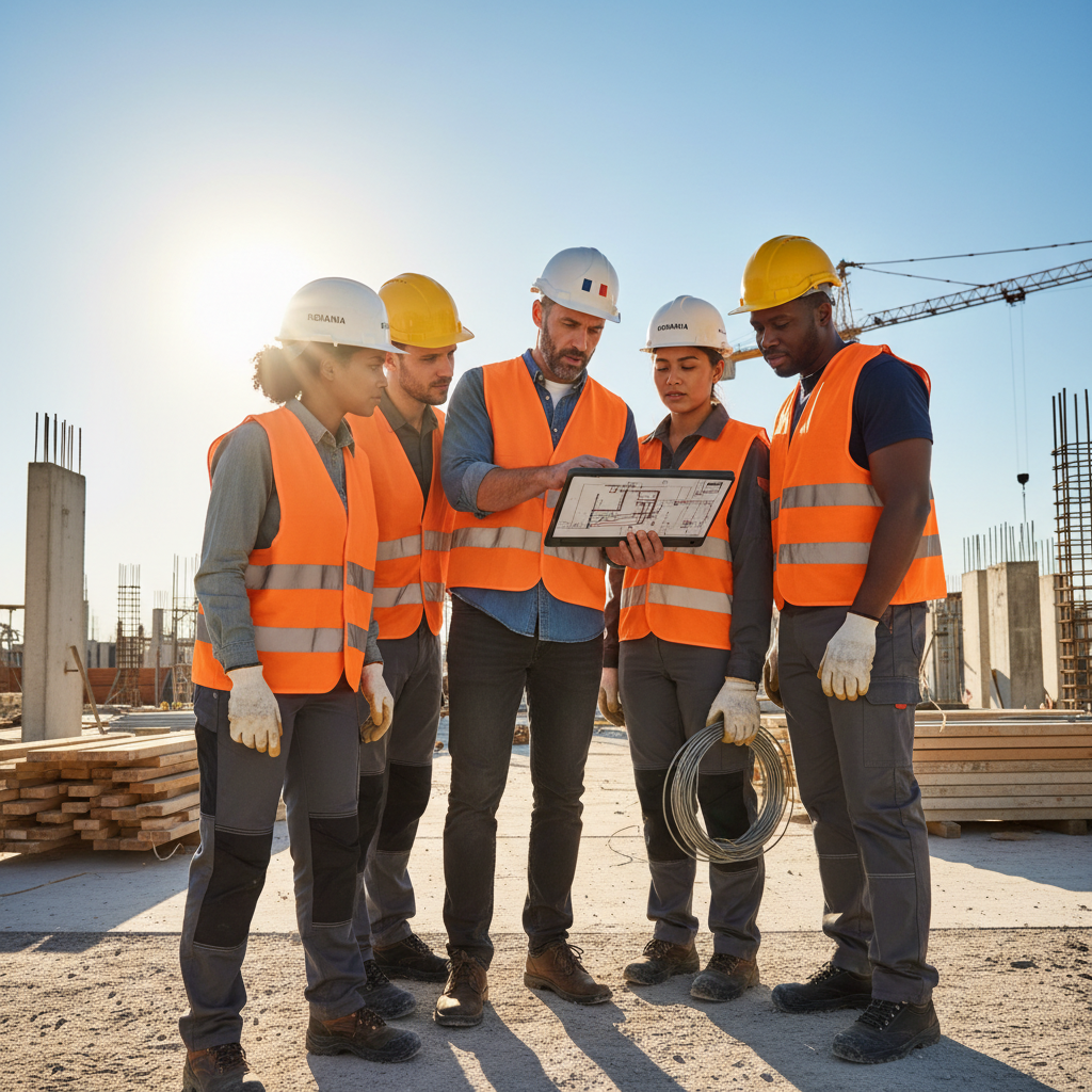 Équipe diverse sur un chantier, discutant d'un projet sur tablette.