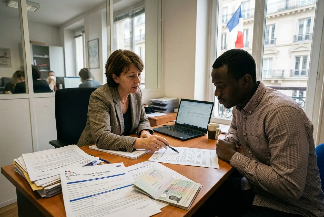 Deux personnes discutent à un bureau: une femme montre des documents à un homme, ordinateur ouvert devant eux, pile de papiers et dossiers sur la table, ambiance de démarche administrative en intérieur. Comment embaucher légalement un travailleur roumain en France.