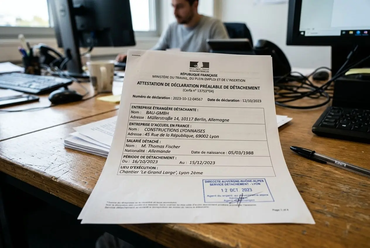 Document officiel intitulé Attestation de déclaration préalable de détachement sur une table avec ordinateur en arrière-plan.