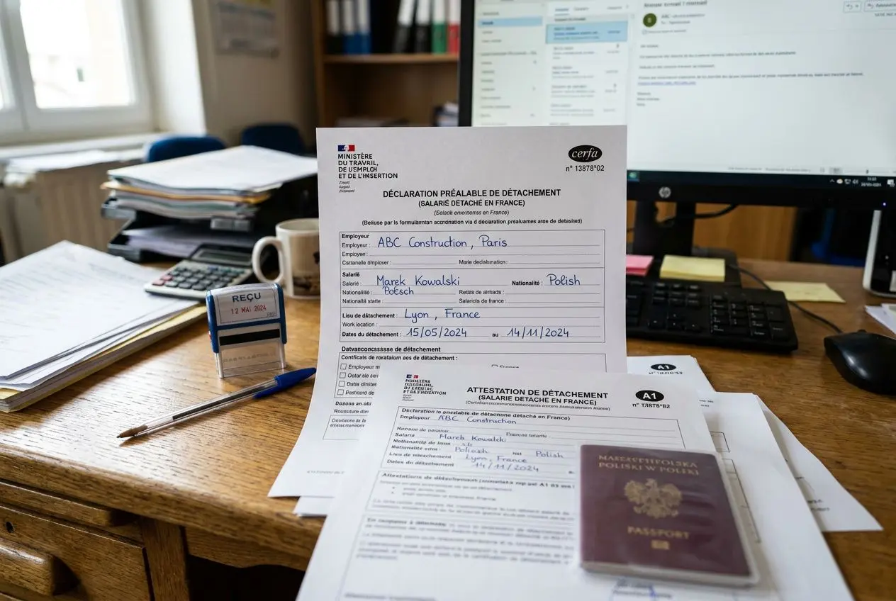 Exemple de documents administratifs sur un bureau: formulaire de détachement et documents justificatifs, stylos et passeport visibles. texte: “comment déclarer un salarié détaché en france” intégré naturellement.
