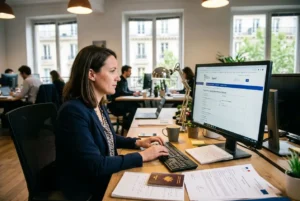 Femme au bureau saisissant des données sur un écran d’ordinateur dans un espace de travail, documents et passeport sur le desk. Déclaration d’un salarié détaché en France via SIPSI.
