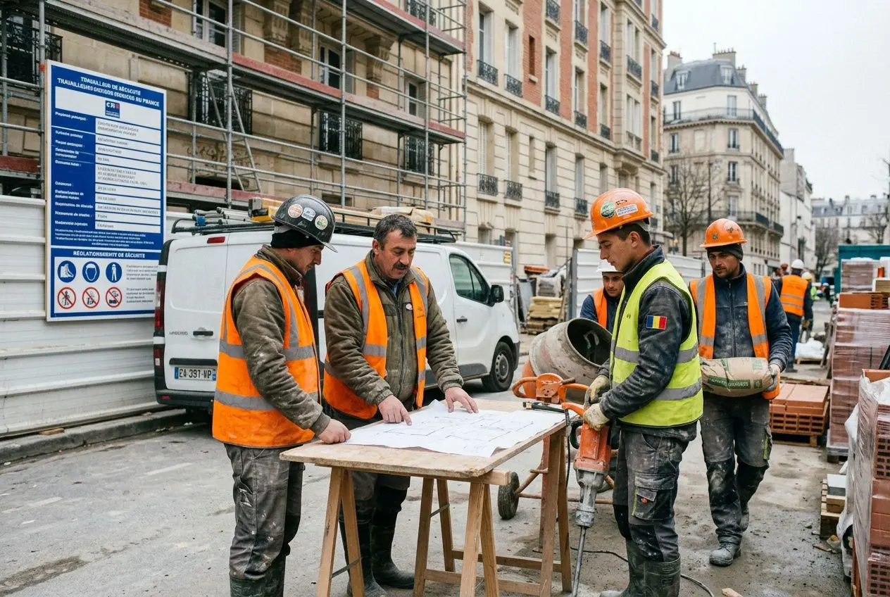Groupe de travailleurs en sécurité orange sur un chantier, consultant des plans sur une table devant un véhicule et des bâtiments en construction. agence intérim roumaine france