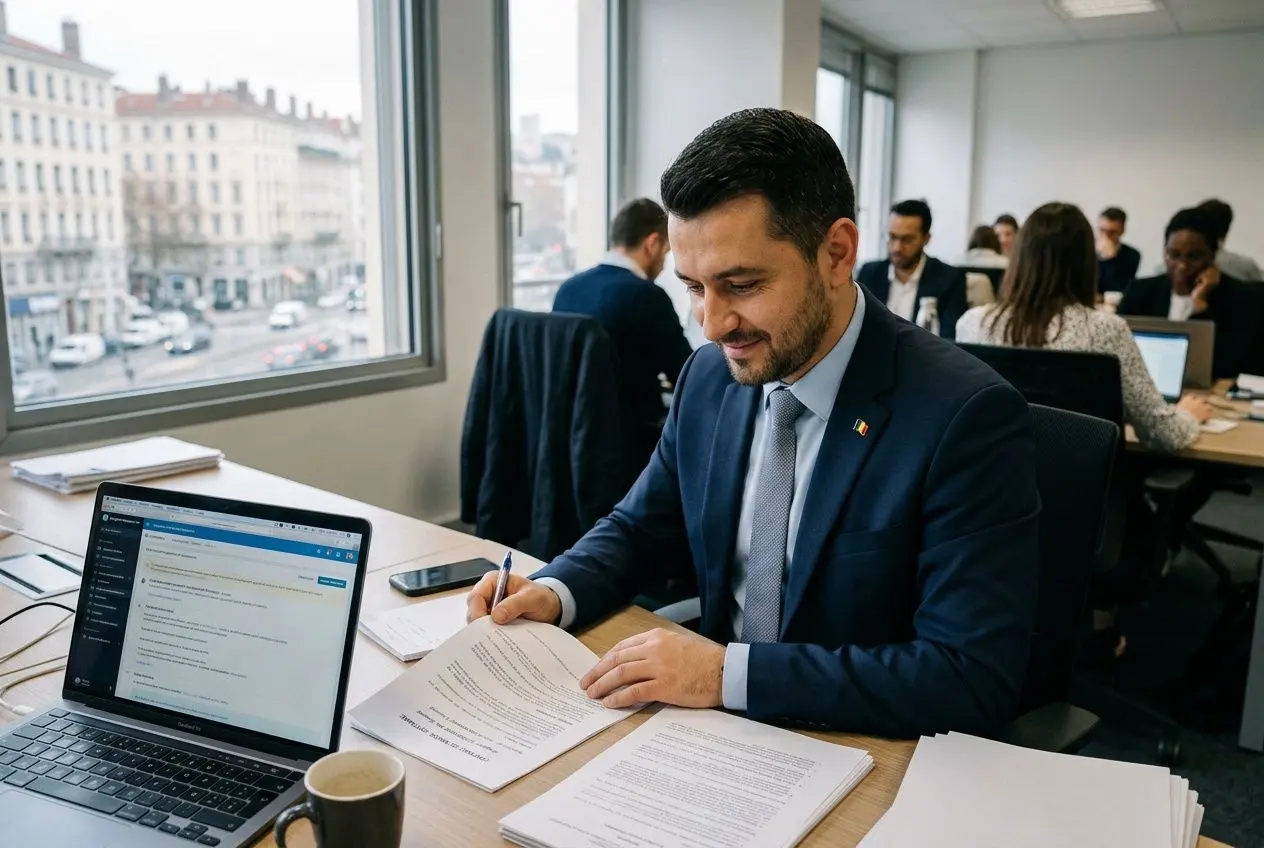 Homme d’affaires en costume signe des documents au bureau, ordinateur ouvert sur l’écran, ambiance de travail en open space. travailleur détaché roumain cadre légal intégré.