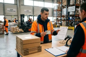 Homme en veste orange vérifiant des documents au poste d’accueil dans un entrepôt, avec boîte en carton et scanneur. Texte: “comment embaucher légalement un travailleur roumain en france”