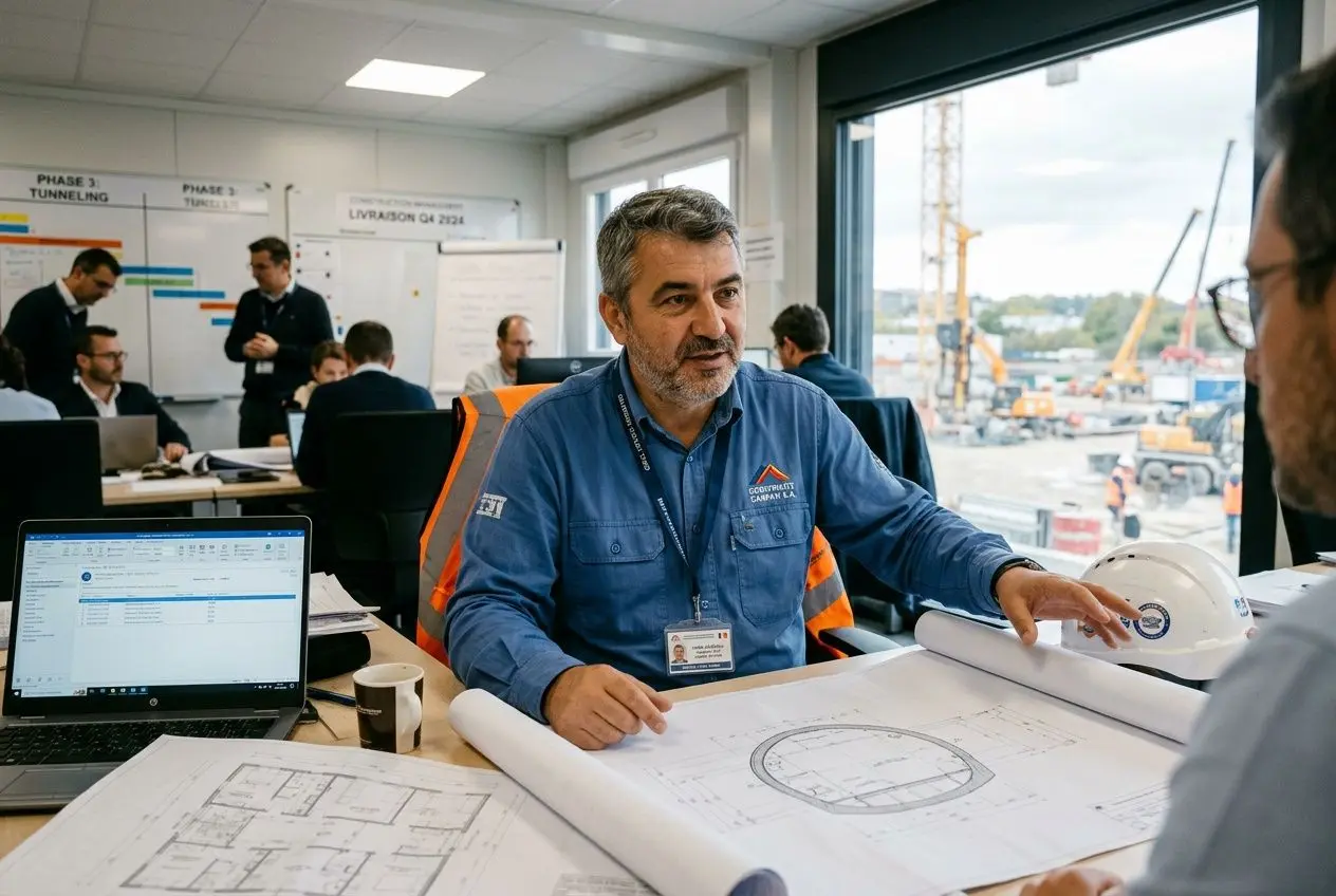 Travailleur détaché roumain cadre légal: un homme en chemise bleue discute avec un collègue autour de plans et d’un ordinateur dans un bureau d’ingénierie.