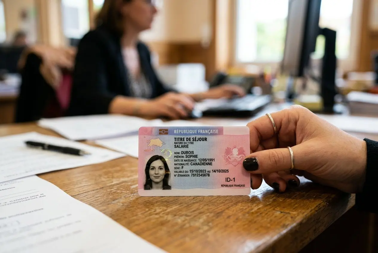 Carte d'identité et documents de séjour sur un bureau, en arrière-plan une personne au travail, autorisation de travail documents à fournir.