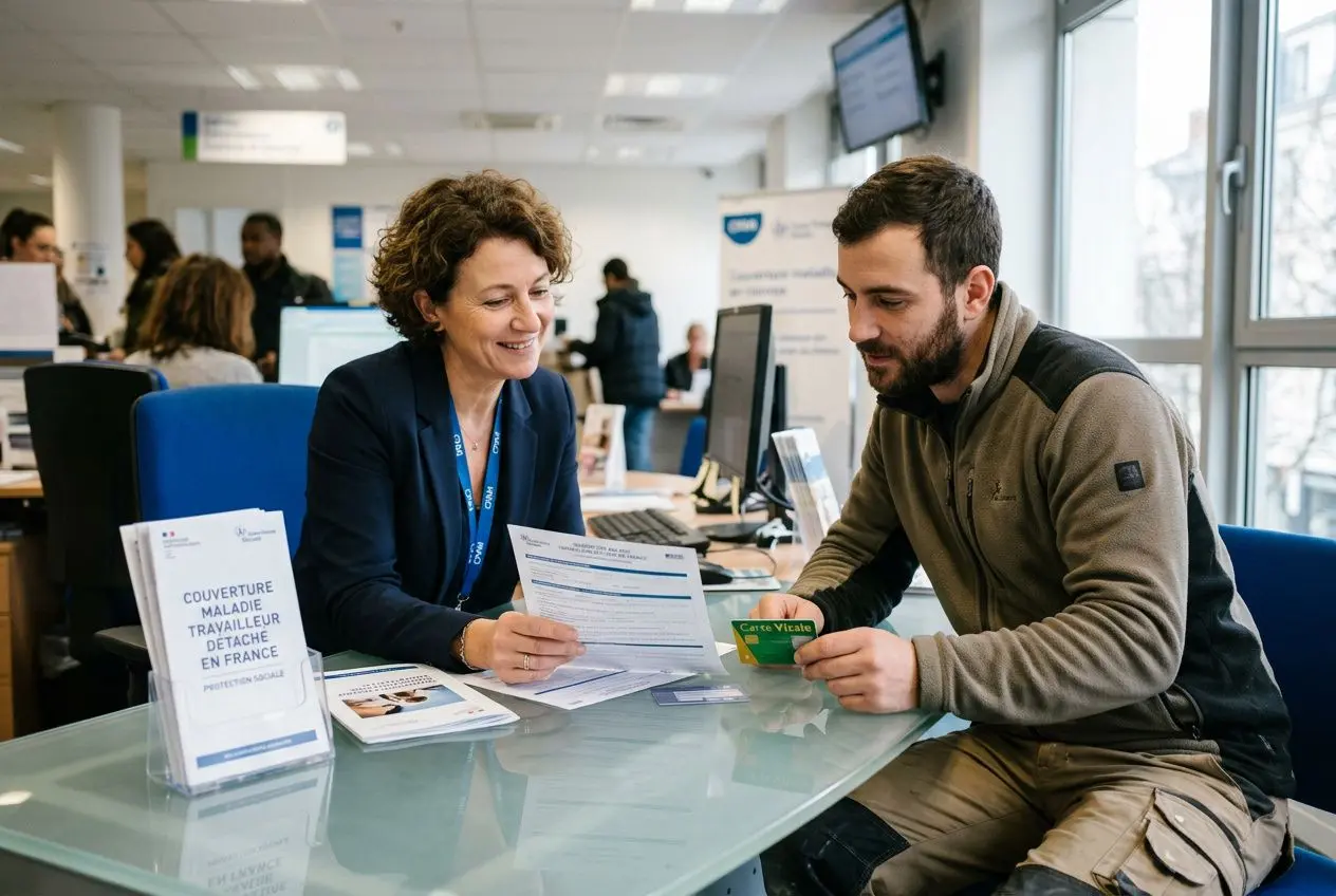 Conseiller et travailleur détaché consultent des documents et une carte bancaire en agence sur les charges sociales travailleur détaché.