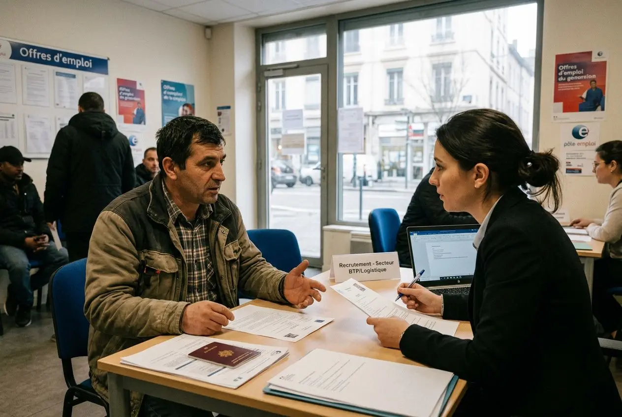 Deux personnes en discussion dans un bureau administratif: un homme détendu présente des documents à une agente qui signe et lit des papiers, rappelant une démarche d’embauche ou de recrutement.