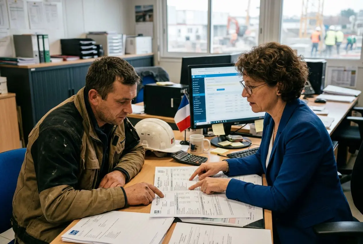 Deux professionnels discutant autour de documents administratifs sur un bureau, avec un drapeau français et un ordinateur affichant des informations.