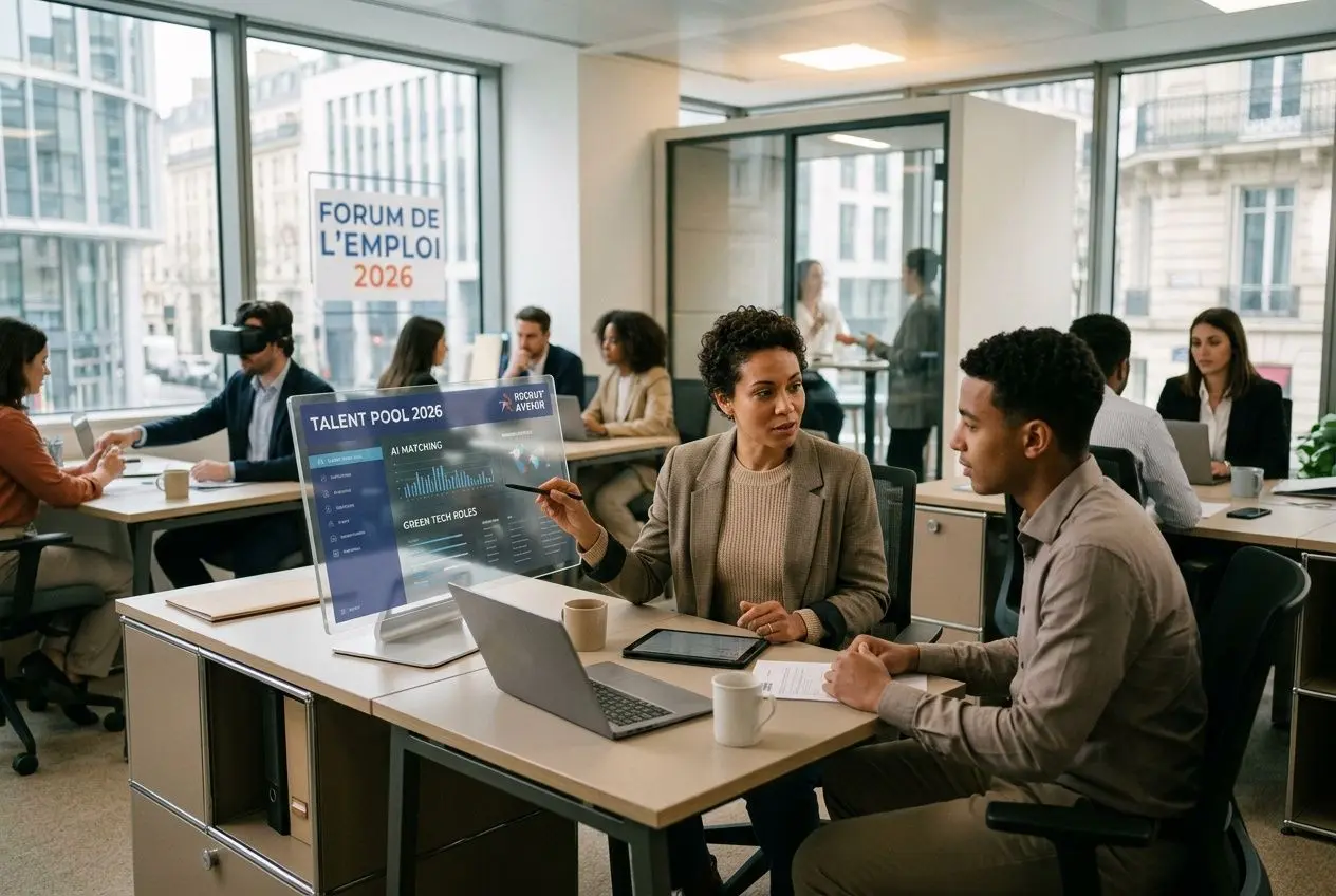 Deux professionnels discutent autour d’un bureau avec écran affichant « TALENT POOL 2026 » dans un espace de coworking axé sur l’emploi, forum de l’emploi. Secteurs qui recrutent en 2026.