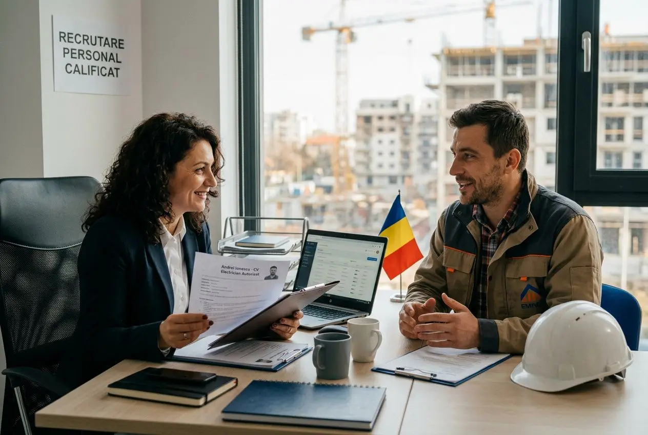 Deux professionnels discutent autour d’un bureau: femme avec documents, homme en tenue de chantier, échangeouvert, avec un drapeau roumain sur le bureau et un casque blanc. Emploi et embauche évoqués. Embaucher un travailleur roumain en france.