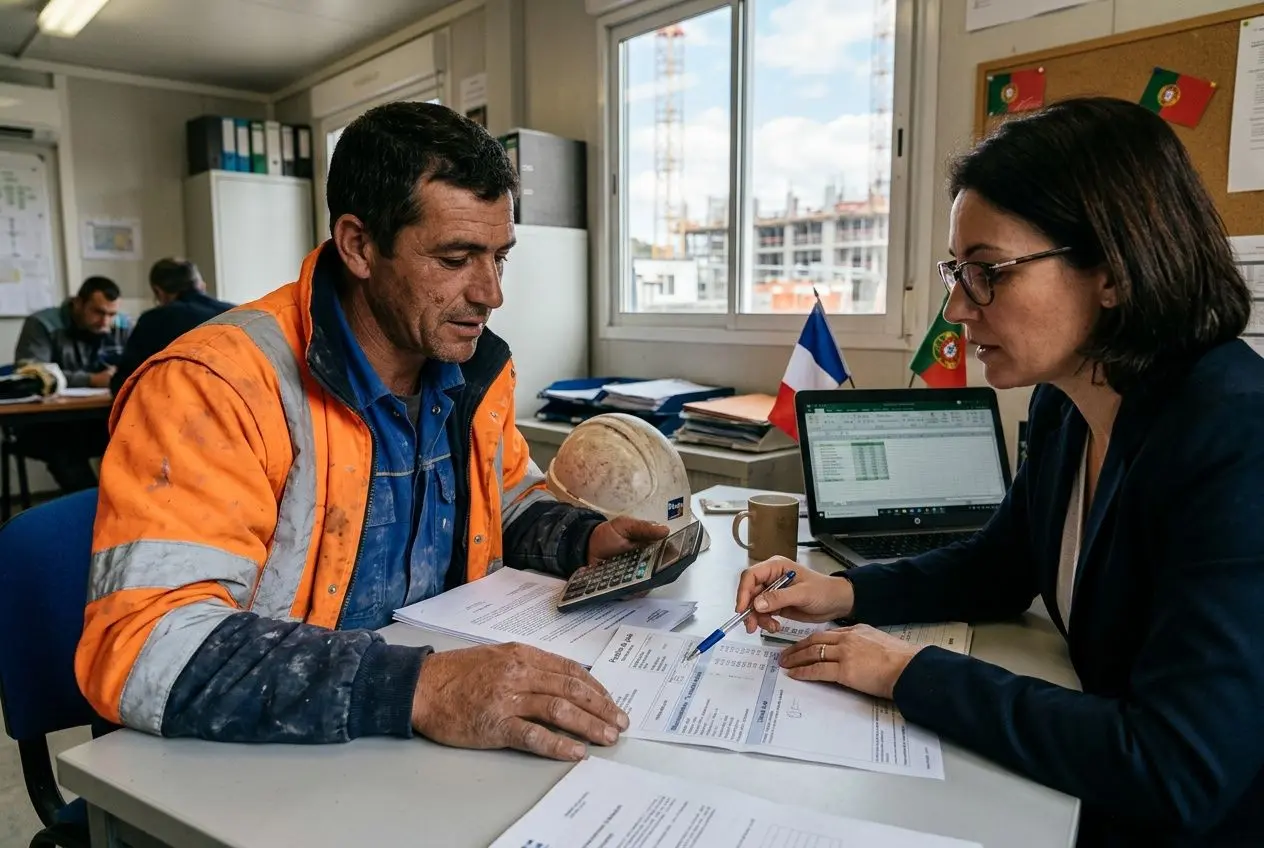 Deux professionnels discutent devant des documents et calculatrice, dans un bureau; homme en veste orange et femme en blazer travaillent sur un formulaire. Salaire travailleur détaché mentionné.