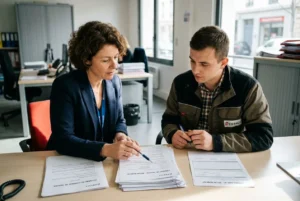 Deux professionnels discutent et signent des documents administratifs sur un bureau, entourés de piles de contrats et de papers. Différence intérim et détachement est expliquée.