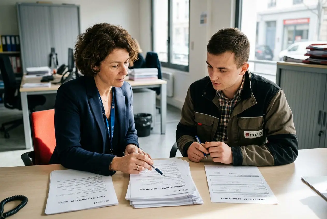 Deux professionnels discutent et signent des documents administratifs sur un bureau, entourés de piles de contrats et de papers. Différence intérim et détachement est expliquée.