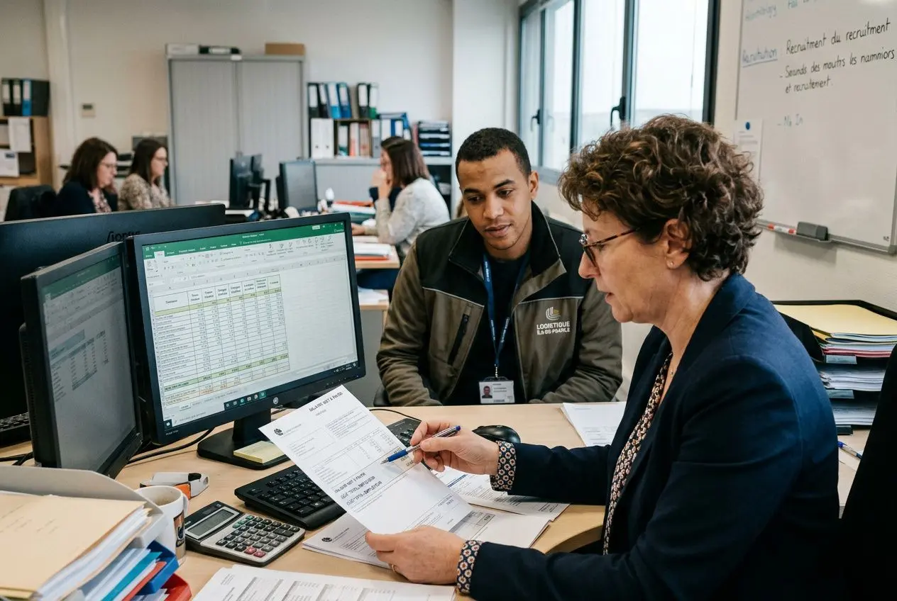 Deux professionnels examinent des documents près d’un ordinateur au bureau, l’un en train de signer un formulaire pendant que l’autre consulte l’écran. Le cadre évoque l’étude du coût d'un intérimaire pour une entreprise.