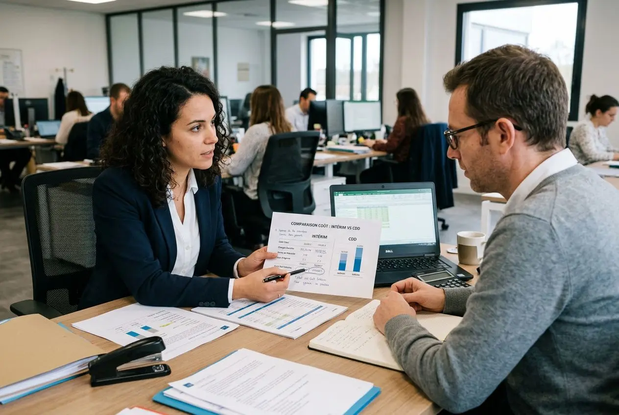 Deux professionnels en réunion, échangeant un document rempli de graphiques et chiffres sur le coût d'un intérimaire, dans un bureau animé.