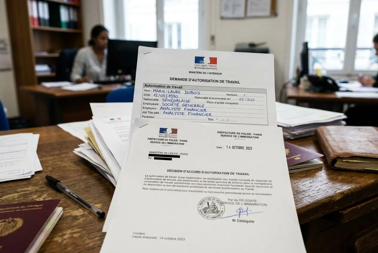 Document affichant une demande d’autorisation de travail sur un bureau, entouré de dossiers et carnets, ambiance administratif. Autorisation de travail et pièces à fournir évoquées. Autorisation de travail documents à fournir intégré avec fluidité.