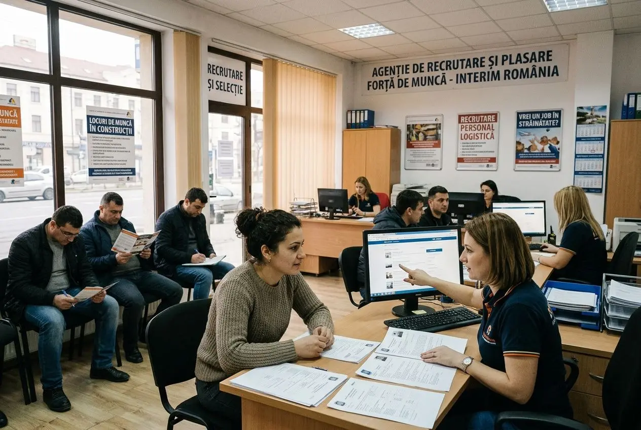 Dossier et entretien administratif dans une agence de recrutement en Roumanie, avec travailleurs et conseillers coordonnant des procédures de détachement. travailleur détaché roumanie
