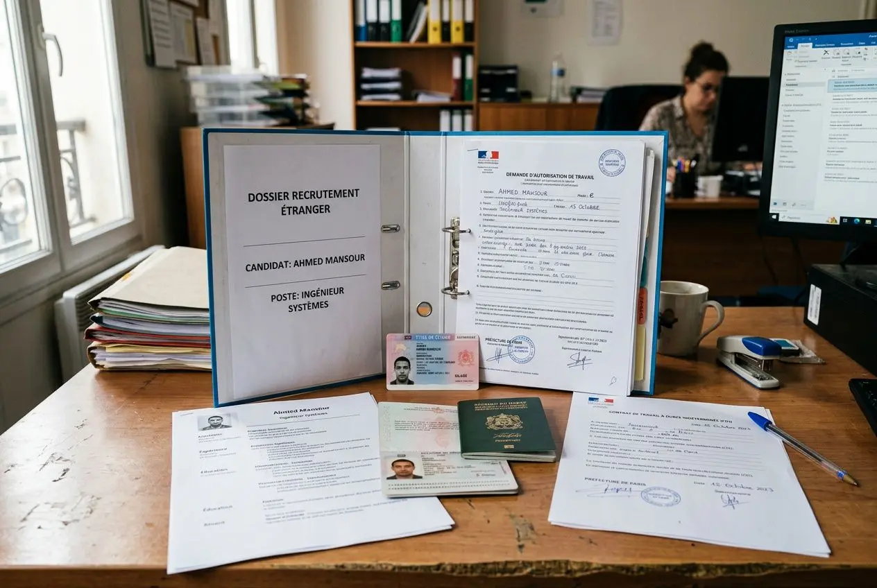 Dossier recrutement étranger sur un bureau: dossiers et pièces imprimés, cartes d’identité et documents variés près d’un classeur ouvert.