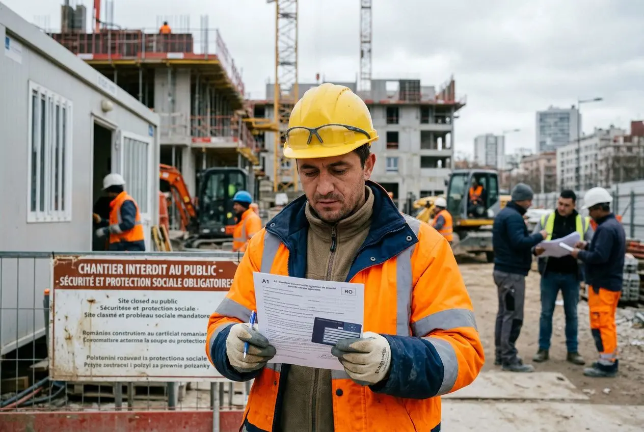 Homme en casque jaune et veste orange lit un document sur un chantier, avec d’autres travailleurs et des machines en arrière-plan, illustrant les avantages du détachement salarié.