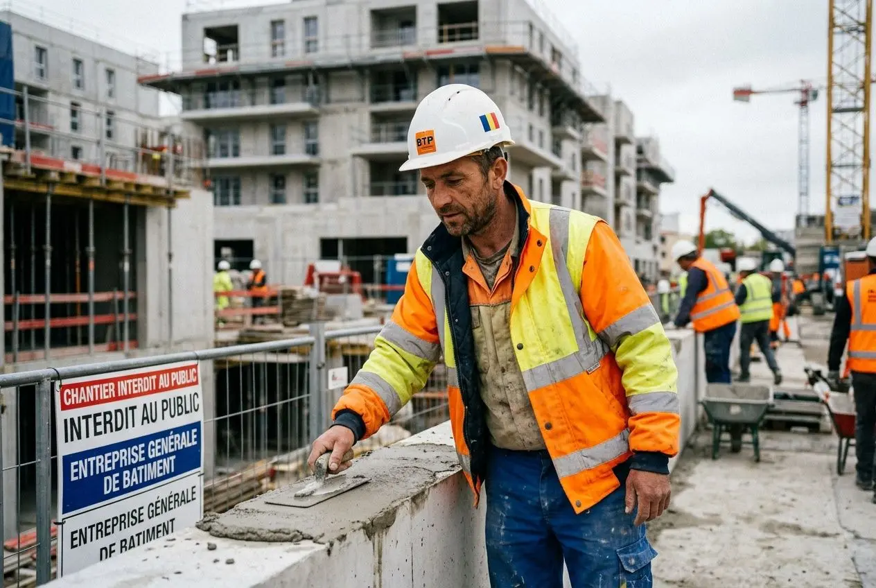 Homme sur un chantier de construction, casque et gilet orange, appuyant une truelle sur une paroi, derrière lui d’autres ouvriers et une bâtisse en construction. Embaucher un travailleur roumain en france.