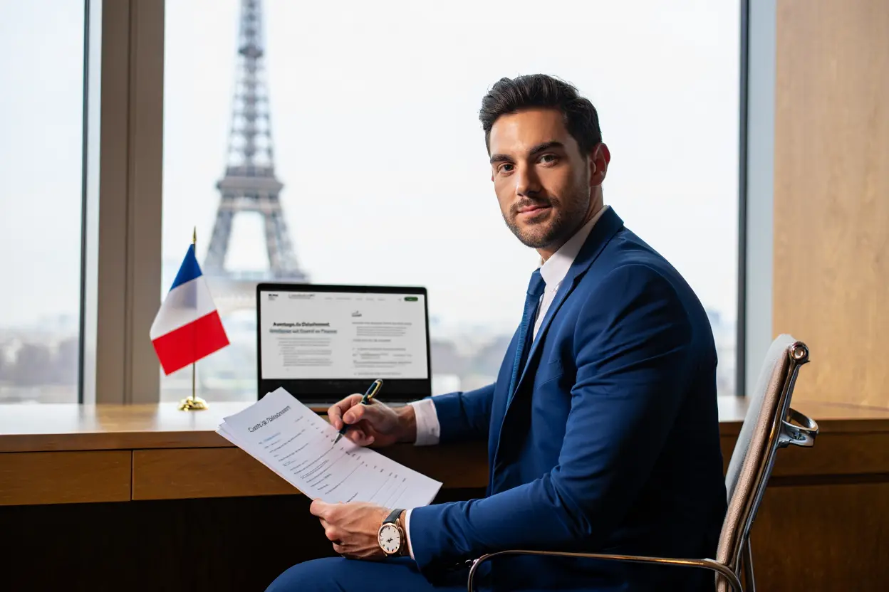 Homme d’affaires en costume bleu, au bureau avec vue sur la Tour Eiffel, tenant des documents et travaillant sur ordinateur; drapeau français sur le bureau. avants du détachement salarié.