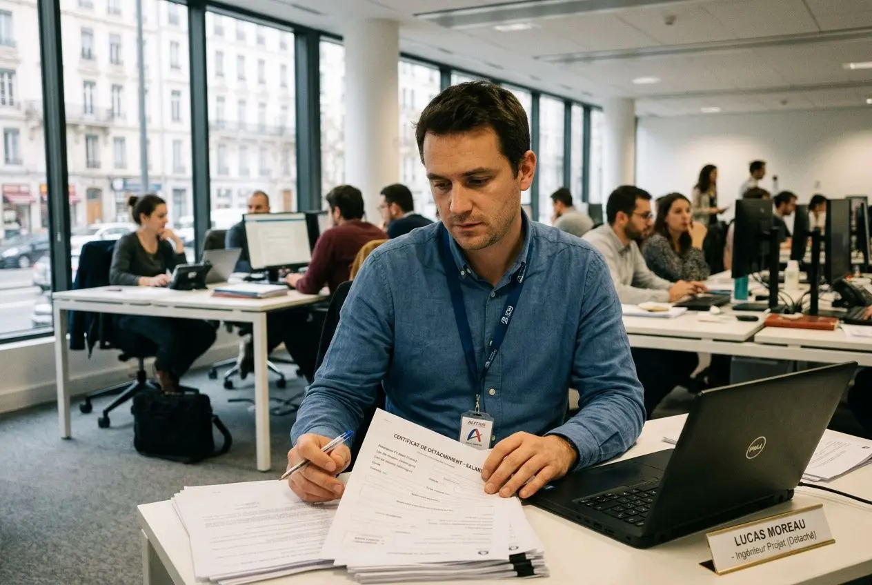Homme travaillant à son bureau, examinant des documents avec un ordinateur portable, cadre de bureau partagé et collègues au fond. Intègre le concept « différence intérim et détachement ».
