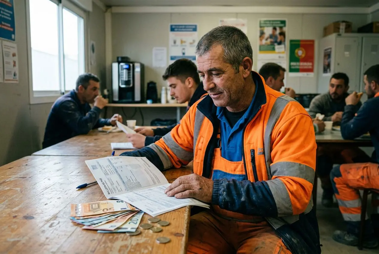 Homme travailleur détaché en uniforme orange, assis à une table, vérifiant des documents et des pièces, entouré de collègues. Salaire travailleur détaché évoqué.