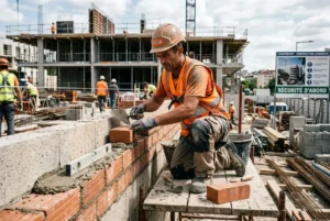 Maçon BTP sur chantier posant des briques et travaillant au niveau d’un mur, avec outils et chantier en arrière-plan. compétences maçon btp intégrées naturellement.