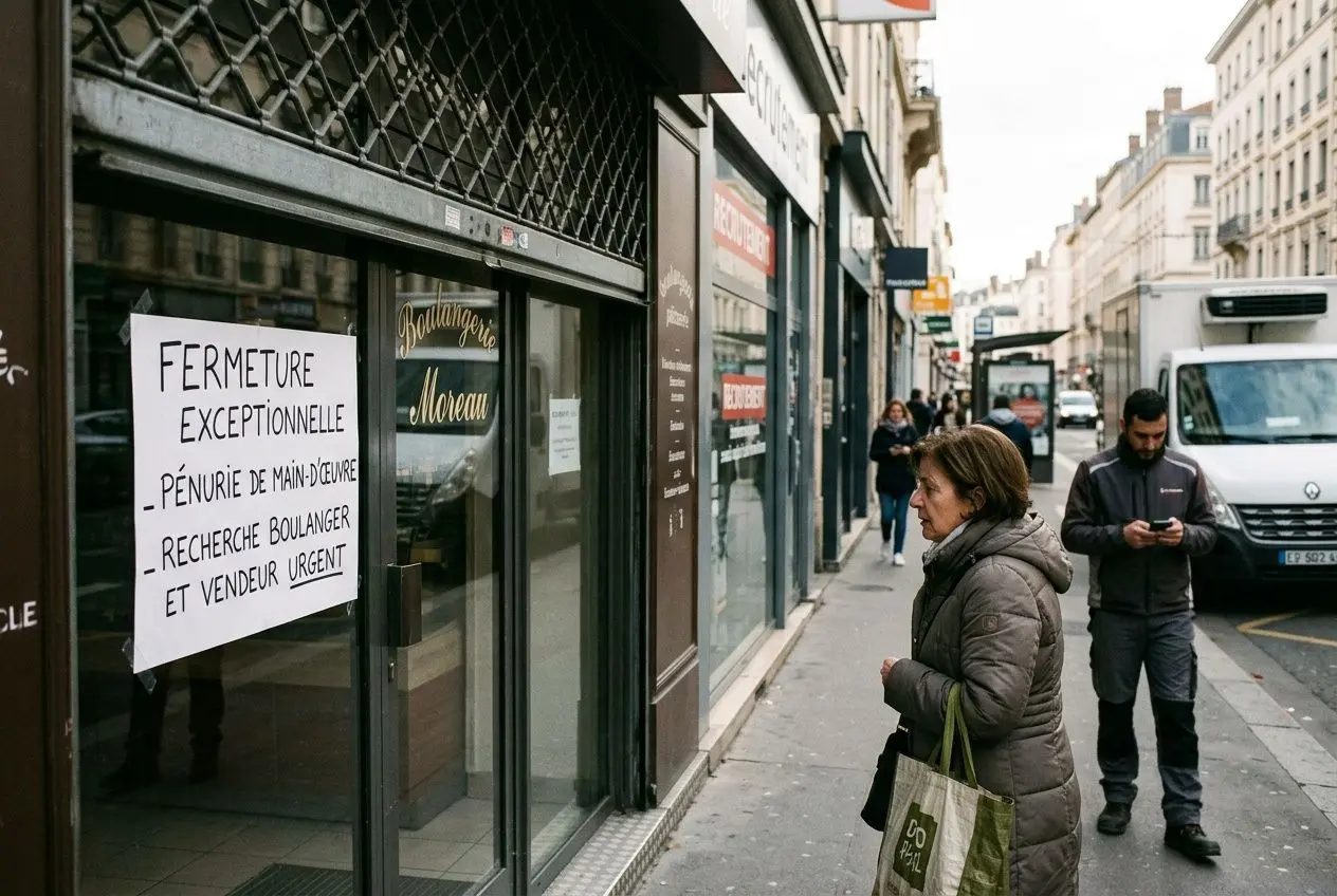 Pancarte annonçant une pénurie de main-d’œuvre sur la vitrine d’une boulangerie, rue urbaine, passant.e et client.e regardant l’affiche. Secteurs en pénurie de main d œuvre mentionné.