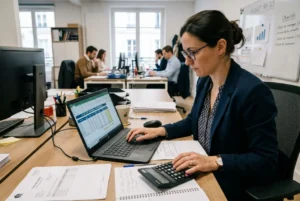 Professionnelle au bureau, travaillant sur un ordinateur portable avec documents et calculatrice, en arrière-plan colleagues et espace de travail. Integrate keyword: coût d'un intérimaire pour une entreprise.