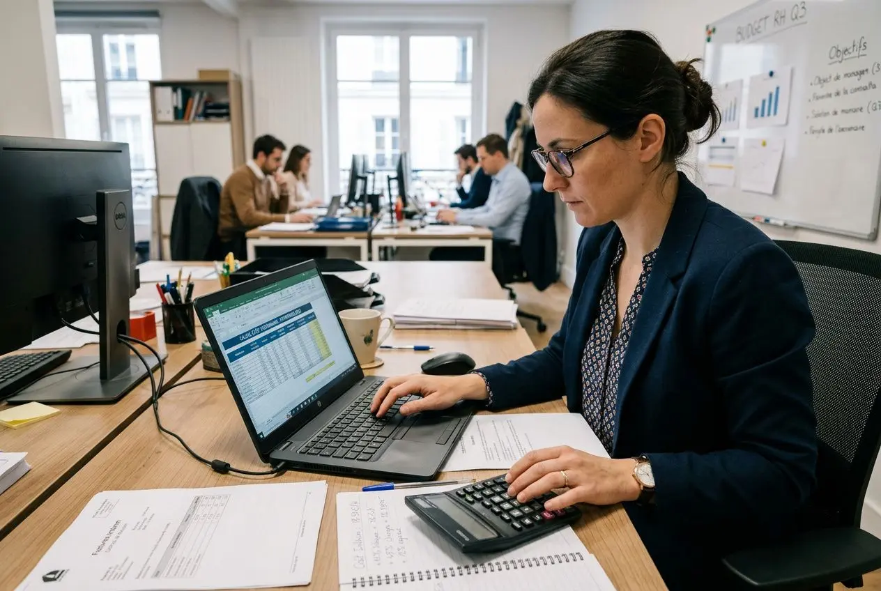 Professionnelle au bureau, travaillant sur un ordinateur portable avec documents et calculatrice, en arrière-plan colleagues et espace de travail. Integrate keyword: coût d'un intérimaire pour une entreprise.