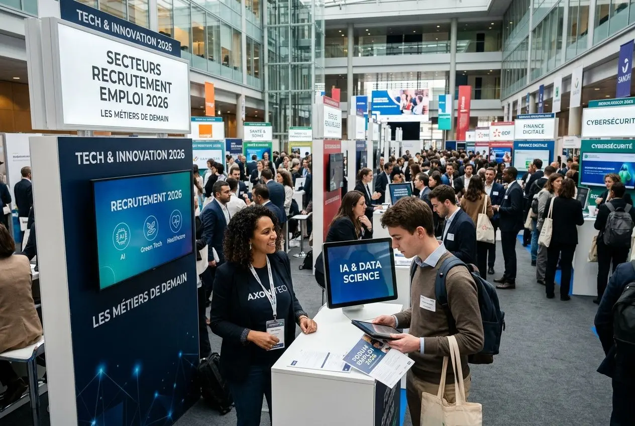 Salon professionnel sur les métiers de demain avec stands “secteurs recrutement emploi 2026” et visiteurs discutant autour d’un stand IA & DATA SCIENCE.