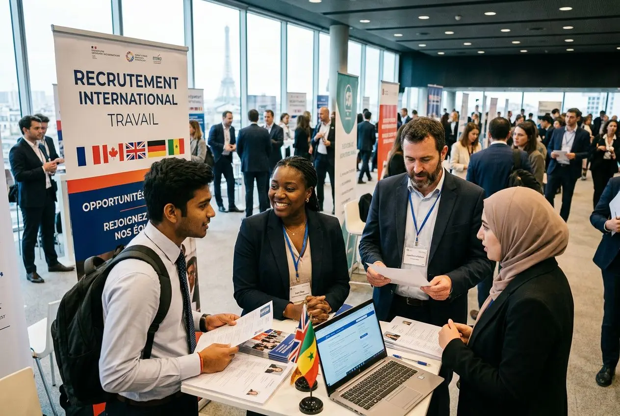 Salon professionnel sur le recrutement international: échanges entre candidats et recruteurs autour des opportunités d’emploi, affiches et stands. intégrant les secteurs en pénurie de main d œuvre dans le contexte.