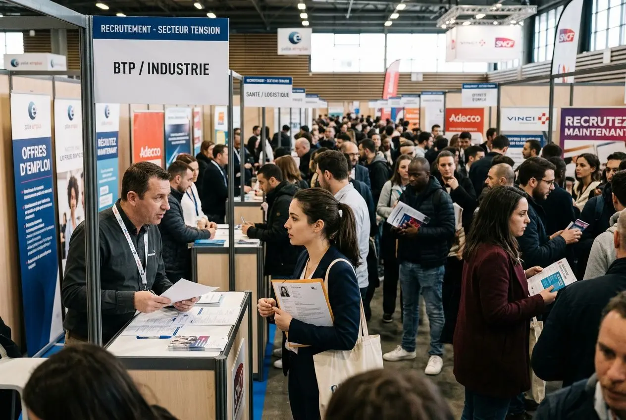Salon professionnel avec stands “BTP / INDUSTRIE” et visiteurs cherchant des offres d’emploi, illustrant les secteurs en pénurie de main d’œuvre.