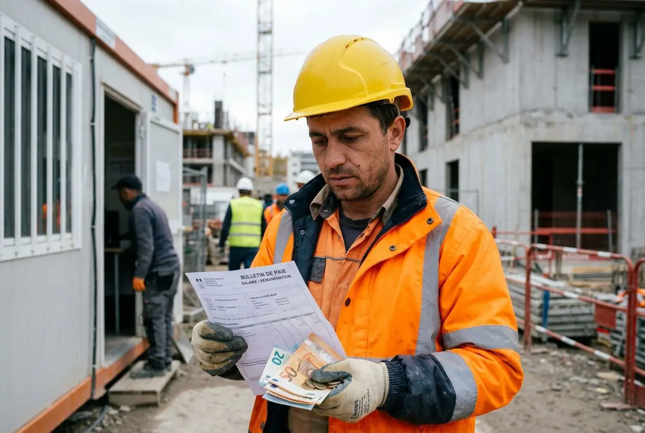 Travailleur sur un chantier, portant casque jaune et gilet orange, vérifiant un document et des billets, au milieu d’un site de construction. Travailleur détaché roumanie.