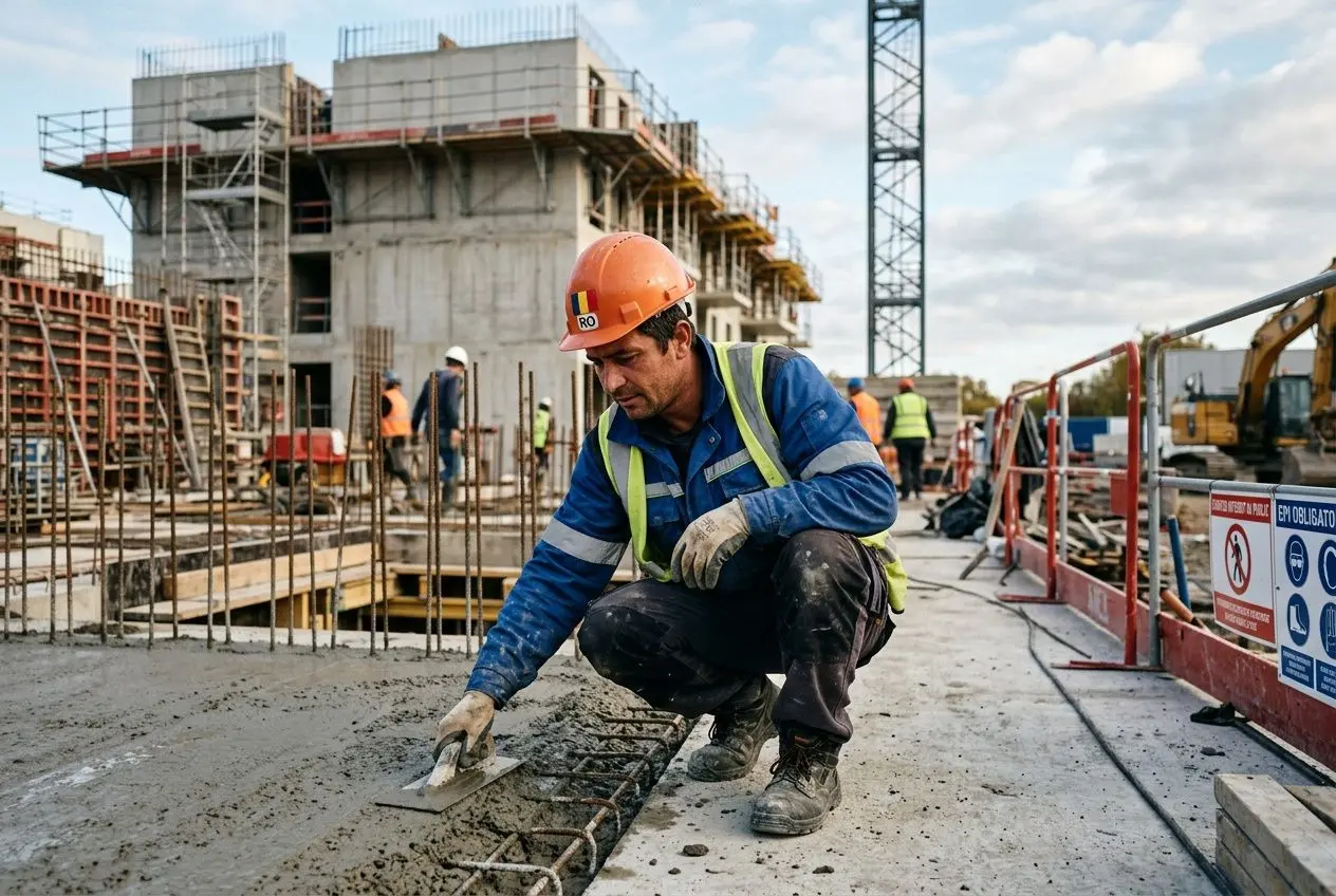 Travailleur détaché roumanie sur un chantier, posant du béton et travaillant des grilles en métal sur un site de construction.