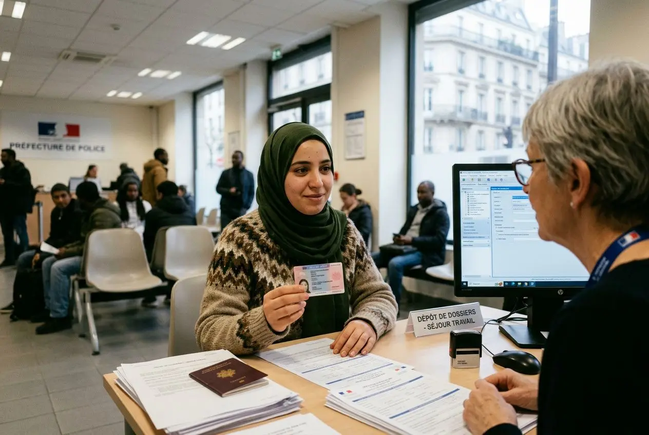 Une agente reçoit une demande de titre de séjour à une jeune femme portant foulard, dans un guichet administratif sur fond de salle d’attente. Texte: "comment recruter du personnel étranger en france" intégré subtilement.
