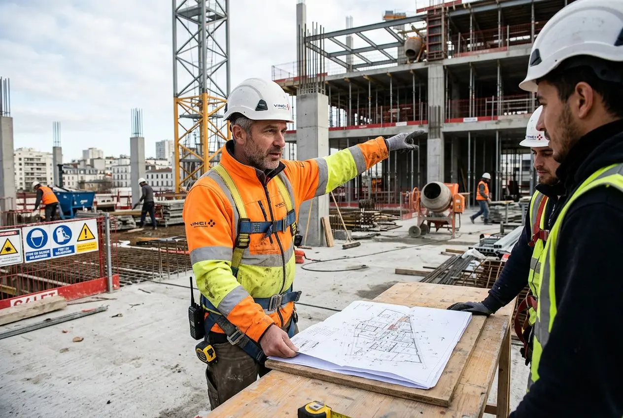 Chef de chantier en action sur un chantier: plan et supervision avec plans sur la table, gestuelle de direction vers l’équipe.