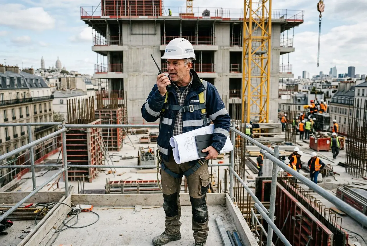 Chef de chantier sur un chantier: manette et plans à la main, casque et gilet, supervise les équipes et échanges sur les plans.