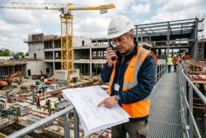 Conducteur de travaux sur un chantier, plan en main et radio en station, analysant les plans pendant la construction.