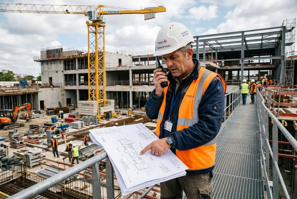 Conducteur de travaux sur un chantier, plan en main et radio en station, analysant les plans pendant la construction.<!-- keyword integrated: comment devenir conducteur de travaux -->