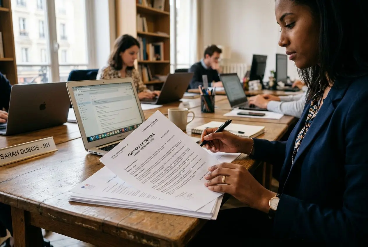 Contrat de travail en France pour étranger : une professionnelle signe un contrat sur fond de bureaux et ordinateurs au travail.