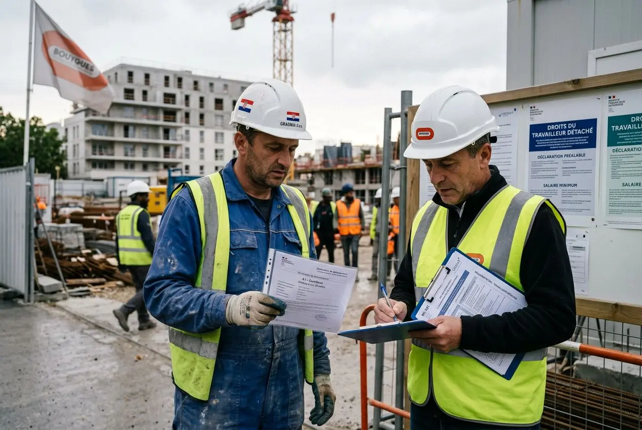 Deux ouvriers sur un chantier, gilets jaunes et casques, examinent des documents et remplissent un formulaire sous supervision. Agence placement travailleur détaché.