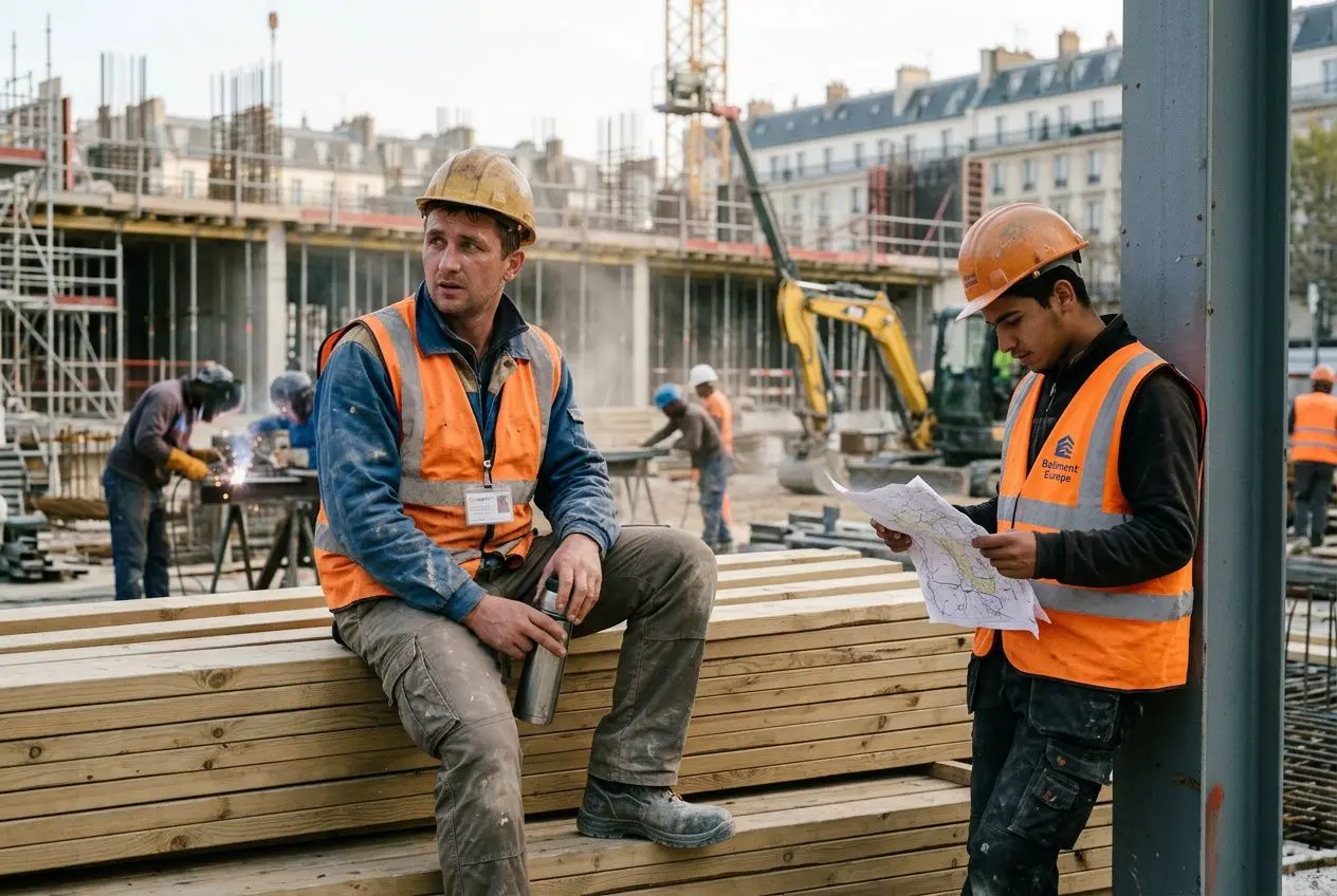 Deux ouvriers en sécurité sur un chantier, l’un assis sur des planches de bois et l’autre consulte des plans près d’une structure métallique.