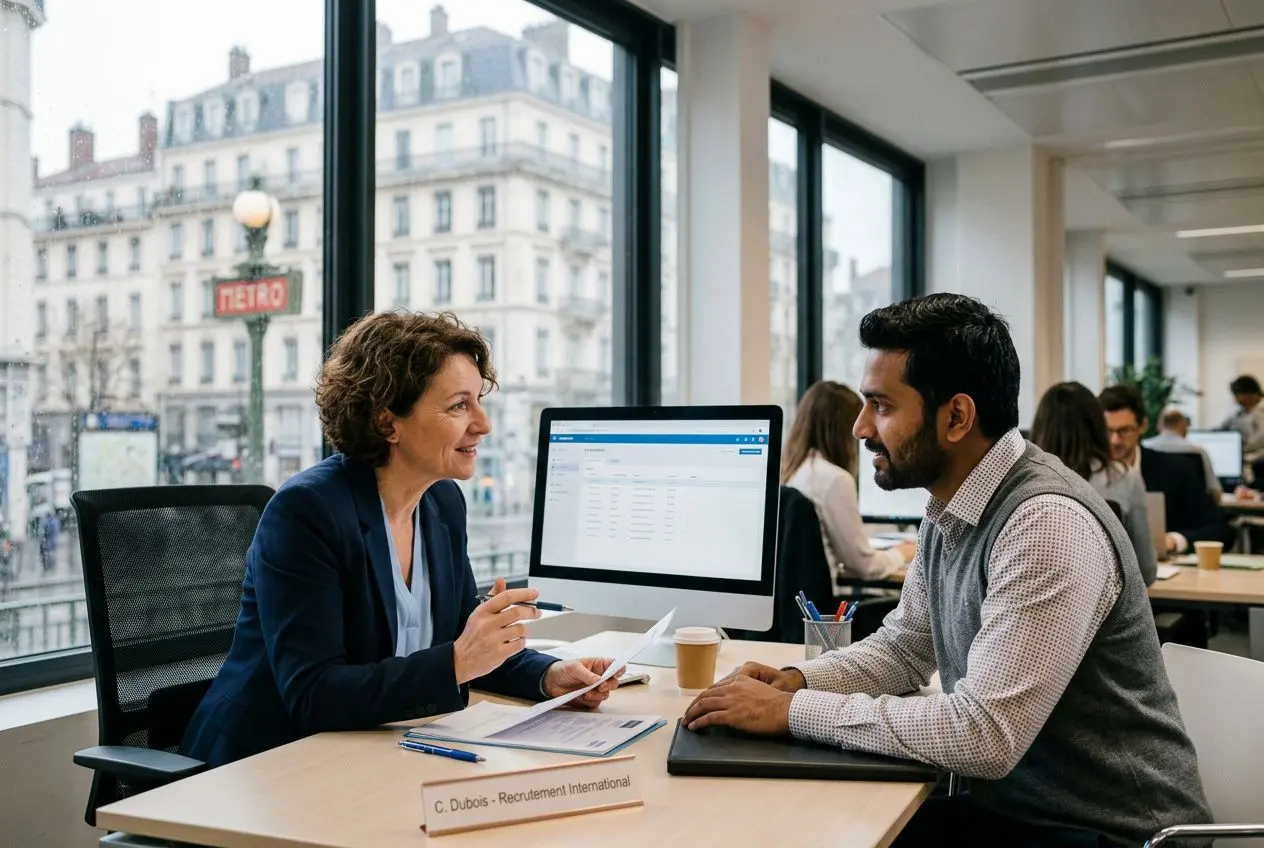 Deux professionnels en réunion : une femme et un homme discutent, autour d’un ordinateur et de documents, dans un bureau lumineux.